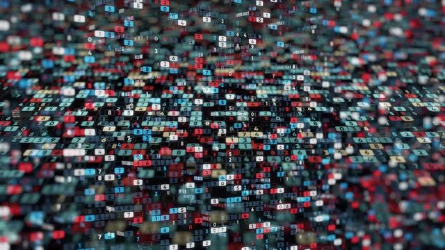 Abstract business background with many cells with changing numbers on black background, seamless loop. Animation. Science and technolog concept.