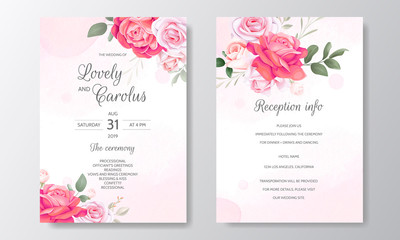 Floral wedding invitation card template set with beautiful flowers border
