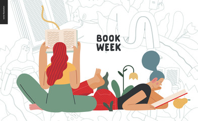 World Book Day graphics - book week events. Modern flat vector concept illustrations of reading people - a young woman reading a book laying down surrounded by plants and young sitting woman - Powered by Adobe