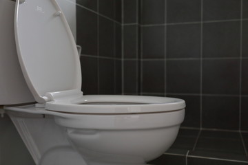 modern design of small bathroom with white lavatory water closet and used black tile wall and floor