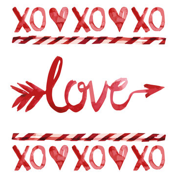 XO, love, Amor arrow, lollipop and heart watercolor vector illustrated in red color for Valentine's day