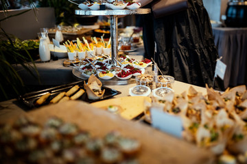 Various foods in brunch buffet in restaurant .
