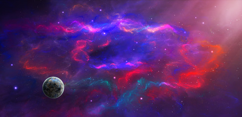 Obraz na płótnie Canvas Space background. Colorful fractal nebula with planet. Elements furnished by NASA. 3D rendering