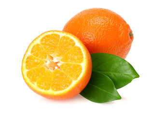 Orange clementine or minneola tangelo with slices and green leaves isolated on white background....