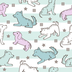 Naadloze patroon met schattige kleine honden, vectorillustratie.