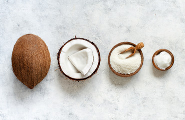 Fototapeta na wymiar Coconut flour and coconut oil with coconut pieces