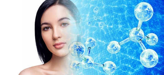 Sensual woman and molecules chain over water pool background.