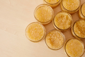 Dessert and jam with lemon in a jar. Jam for tea.