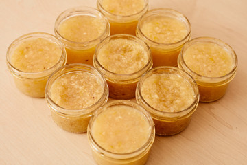 Dessert and jam with lemon in a jar. Jam for tea.