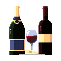 bottle and glass of wine with piece of cheese