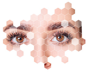 Young sensual blonde woman with mosaic honeycombs on face.