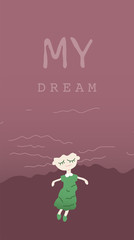 Dreamy woman flies. Cute girl with flowing hair and closed eyes. Inspirational concept Girl and Dreams. Vector illustration in flat cartoon style.