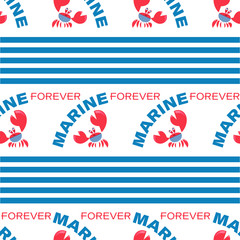 Crab background. Crab Sailor. MARINE FOREVER. Seamless pattern with funny red crabs and stripes on a white background. Design for baby textiles, packaging materials.