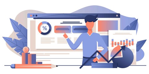 Blogging channel about business, data analysis, finance, economics. Blogger coach recording educational video lesson, podcast. Online training, streaming video player. Flat cartoon vector illustration