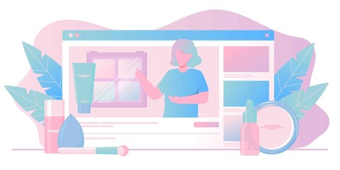 Girl recording cosmetics production review, streaming live, video content creation. Beauty fashion blogger, online beauty consultant blog, makeup and skincare tips. Vector flat concept illustration.