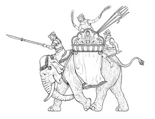 Fototapeta na wymiar Queen of Siam Suriyothai on the battle elephant. Thailands war elephant drawing.
