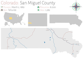 Fototapeta premium Large and detailed map of San Miguel county in Colorado, USA.