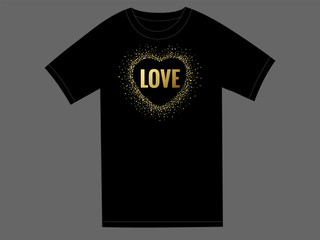 Love quote text golden sparkling heart for t-shirt with dust glitter graphic. Glorious decorative glowing shiny valentines day design on dark background. Vector illustration