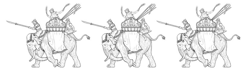 Fototapeta na wymiar Queen of Siam Suriyothai on the battle elephant. Thailands war elephant drawing. 