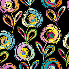 Materiał do szycia seamless abstract background pattern, with circles, strokes and splashes, on black, floral