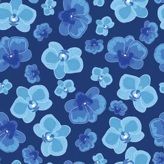 Papier Peint photo Orchidee Modèle sans couture de fleurs d& 39 orchidée bleue sur fond bleu foncé