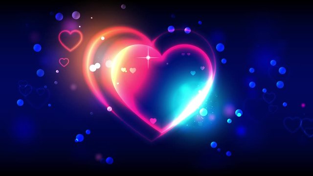 Valentines day animation background. Happy valentine's day animated greeting cards. Bright multi-colored heart shape on dark bokeh background. Blue and golden shine. 4k video