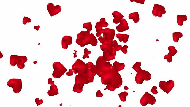 Valentines day  exploding 3d love hearts from the center point and floating through frame