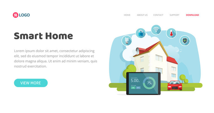 Smart home or house control technology or automation wireless security banner or website template design vector flat cartoon, modern trendy web site landing page or flyer modern trendy mockup image