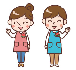 笑顔で片手を上げる保育士　男女