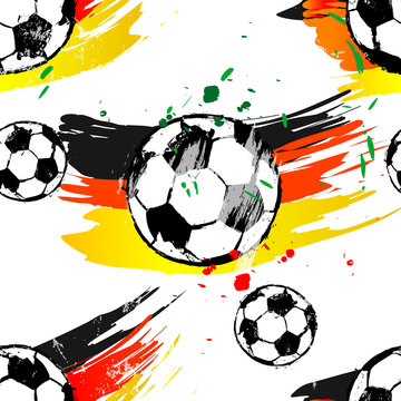 seamless background pattern, with soccer / football, paint strokes and splashes, grungy