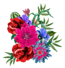 Obraz premium floral illustration - bouquet with bright pink vivid flowers, green leaves, for wedding stationary, greetings, wallpapers, fashion, backgrounds, textures, DIY, wrappers, cards.