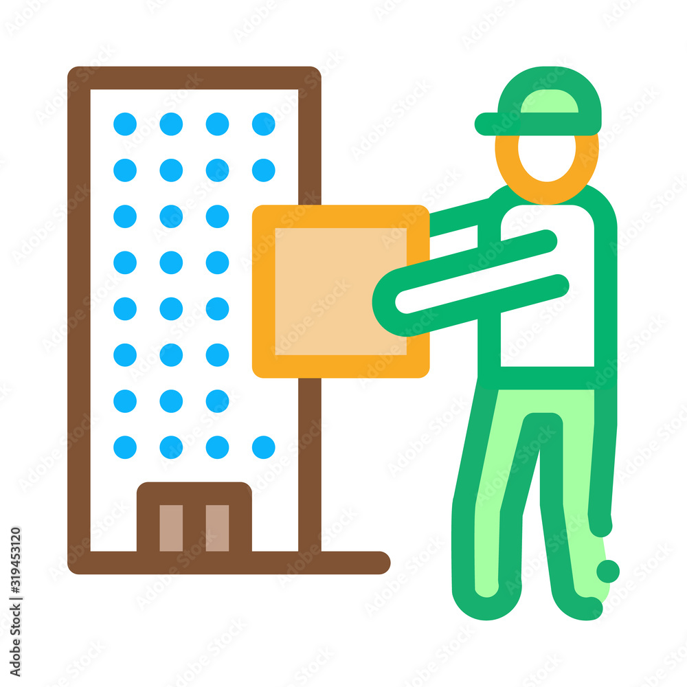 Sticker Courier with Box near High-Rise Building Icon Vector. Outline Courier with Box near High-Rise Building Sign. Isolated Contour Symbol Illustration