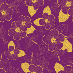 Seamless golden hibiscus pattern on purple background