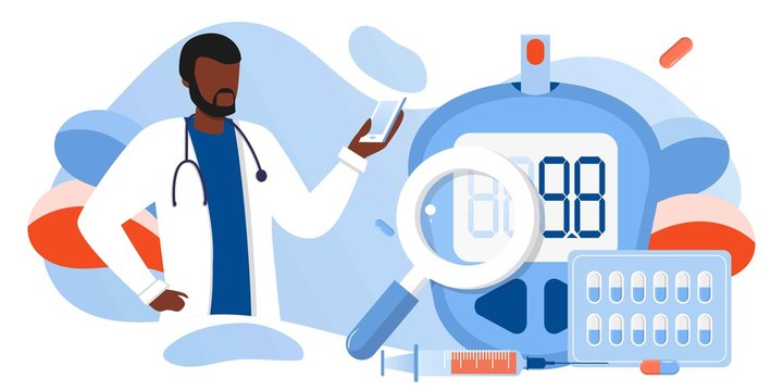 Medicine diabetes type 2 concept. Glucometer for measuring sugar level. Blood glucose meter, pills, syringe and vial, insulin production. Doctor with laboratory test equipment. Vector banner template