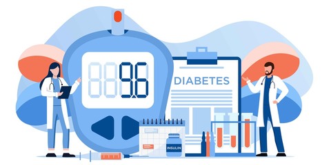 Medicine diabetes type 2 concept. Glucometer for measuring sugar level. Blood glucose meter, pills, syringe and vial, insulin production. Doctor with laboratory test equipment. Vector banner template