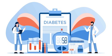 Medicine diabetes type 2 concept. Glucometer for measuring sugar level. Blood glucose meter, pills, syringe and vial, insulin production. Doctor with laboratory test equipment. Vector banner template - obrazy, fototapety, plakaty