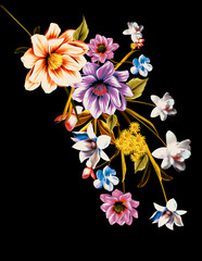 floral illustration - bouquet with bright pink vivid flowers, green leaves, for wedding stationary, greetings, wallpapers, fashion, backgrounds, textures, DIY, wrappers, cards.