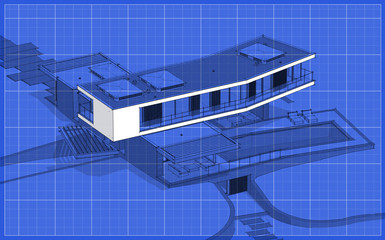 3d rendering of modern cozy house on the hill with garage and pool for sale or rent.  Black line sketch with soft light shadows and white spot on blueprint background.