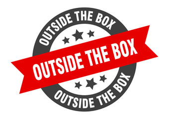 outside the box sign. outside the box round ribbon sticker. outside the box tag