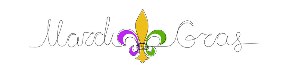 Mardi Gras carnival greeting card with traditional color symbol mardi gras - fleur de lis. Continuous line heraldic lily on white background. Fat tuesday New Orleans mardigras carnaval. Holiday vector