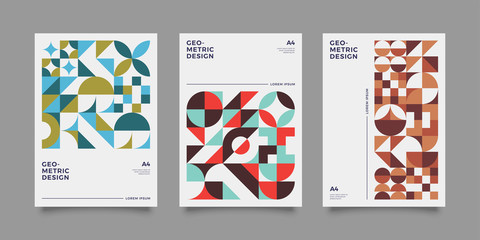 Placard templates set with Geometric shapes, Retro geometric style flat and line design elements. Retro, bauhaus art for covers, banners, flyers and posters. Eps 10 vector illustrations - obrazy, fototapety, plakaty