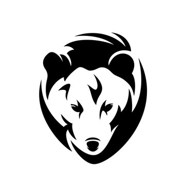 grizzly or brown bear en face head - black and white vector portrait of wild animal