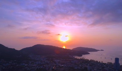 Panoramic Aerial View of Patong Bay Phuket Thailand with the Sunset creating many beautiful colours