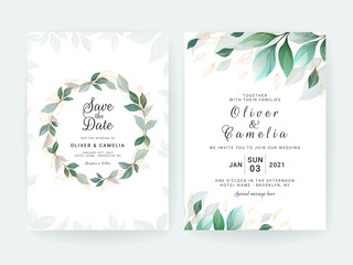 Wedding invitation card template set with wreath and golden outlined leaves. Floral border for save the date, greeting, thank you, RSVP, etc. Botanic illustration vector