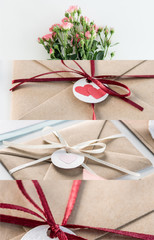 collage of ribbons and hearts on envelopes and blooming flowers isolated on white