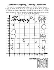 100th day of school learning celebration coordinate graphing, or draw by coordinates, and coloring page math worksheet with “Happy 100th day!” greeting mystery picture. Answer included.