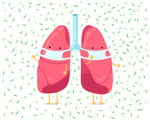 Cartoon lung character with breathing hygiene mask and viruses infection around. Human internal organ prevents sick pneumonia tuberculosis airborne droplet. Medical protection vector illusrtation