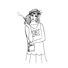 A young girl in the style of art Deco. Lady with a cigarette in the style of Gatsby. Out-line print in vintage style for textiles and your design.