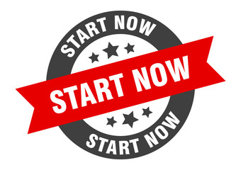 start now sign. start now round ribbon sticker. start now tag