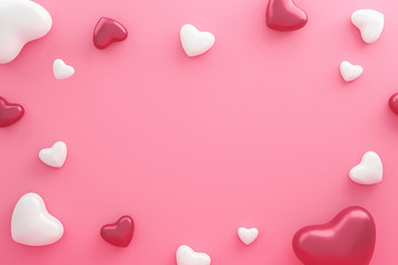 Blank frame and hearts pattern on pink background with Happy valentine day. Beautiful mini heart style. 3D rendering. - obrazy, fototapety, plakaty